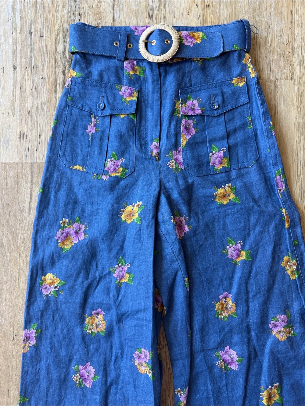 Zimmermann Blue Floral High-Waist Wide-Leg Pants with Belt